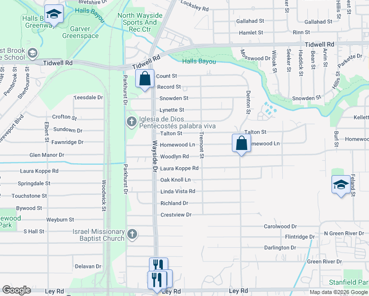 map of restaurants, bars, coffee shops, grocery stores, and more near 8017 Homewood Lane in Houston