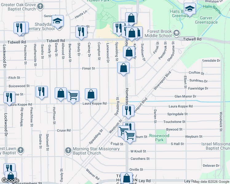map of restaurants, bars, coffee shops, grocery stores, and more near 8902 Lanewood Drive in Houston