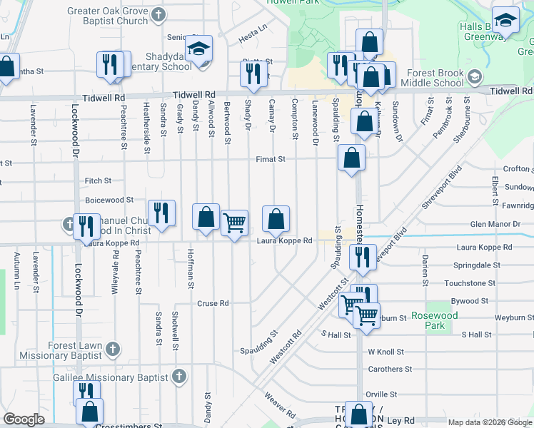map of restaurants, bars, coffee shops, grocery stores, and more near 8924 Camay Drive in Houston