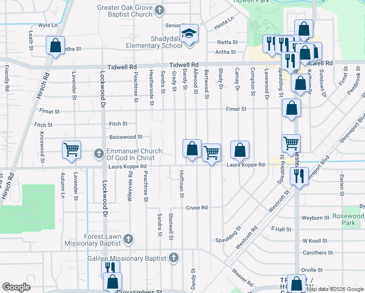 map of restaurants, bars, coffee shops, grocery stores, and more near 8914 Dandy Street in Houston