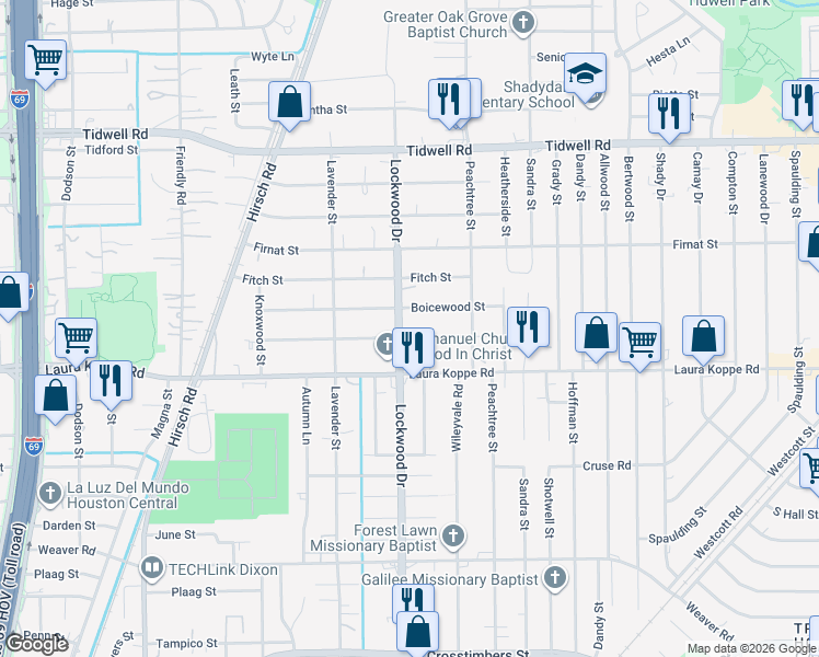 map of restaurants, bars, coffee shops, grocery stores, and more near in Houston