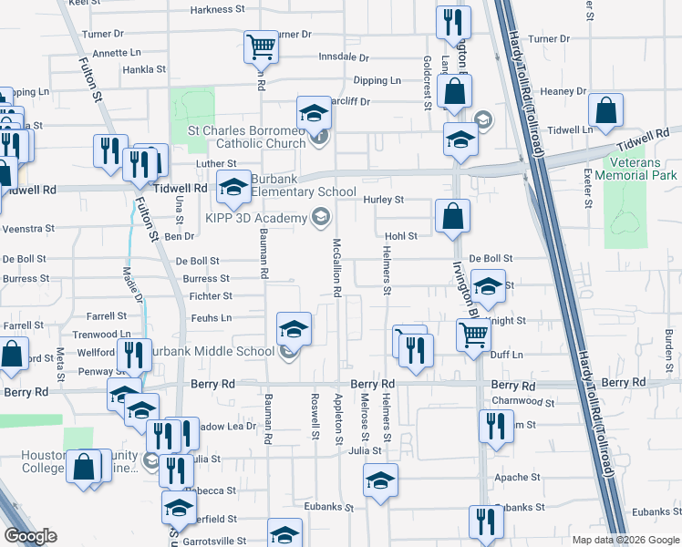 map of restaurants, bars, coffee shops, grocery stores, and more near 9042 McGallion Road in Houston