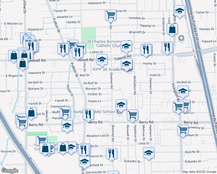 map of restaurants, bars, coffee shops, grocery stores, and more near 501 Tidwell Road in Houston