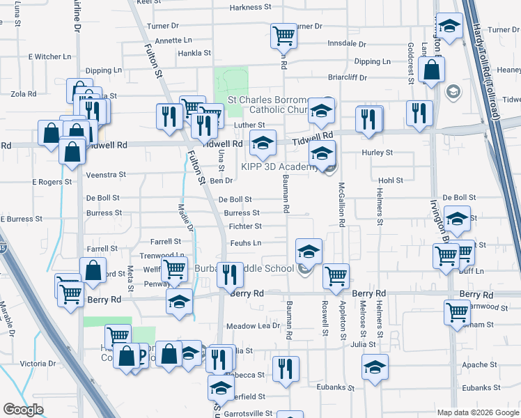 map of restaurants, bars, coffee shops, grocery stores, and more near 234 De Boll Street in Houston