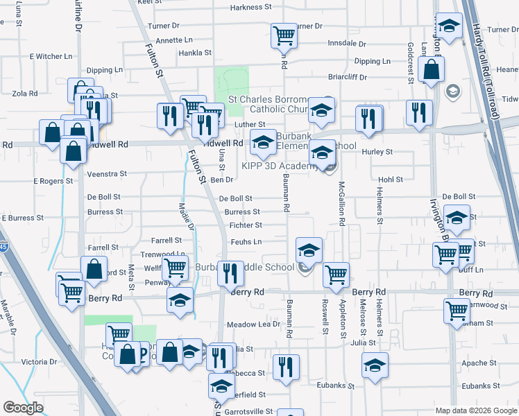 map of restaurants, bars, coffee shops, grocery stores, and more near 234 De Boll Street in Houston