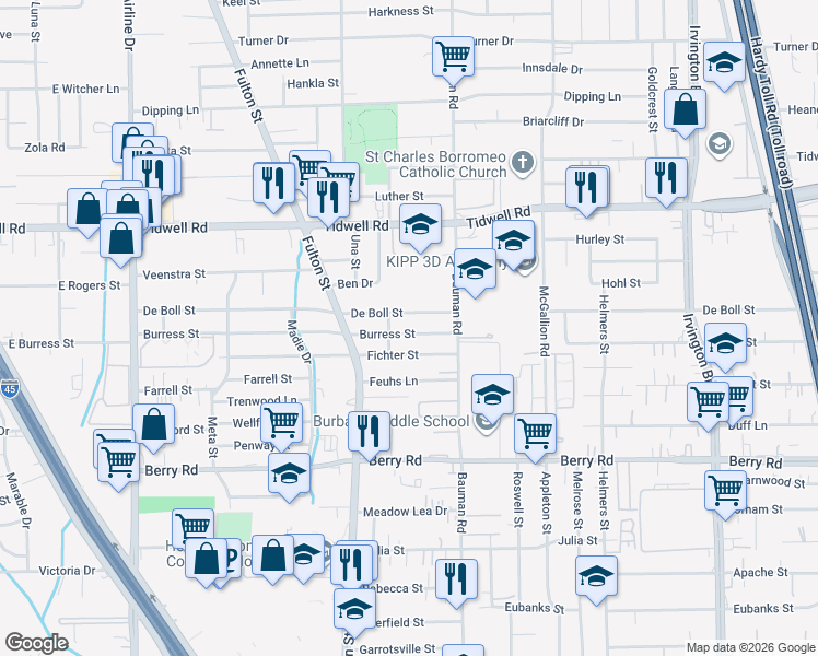 map of restaurants, bars, coffee shops, grocery stores, and more near 234 De Boll Street in Houston
