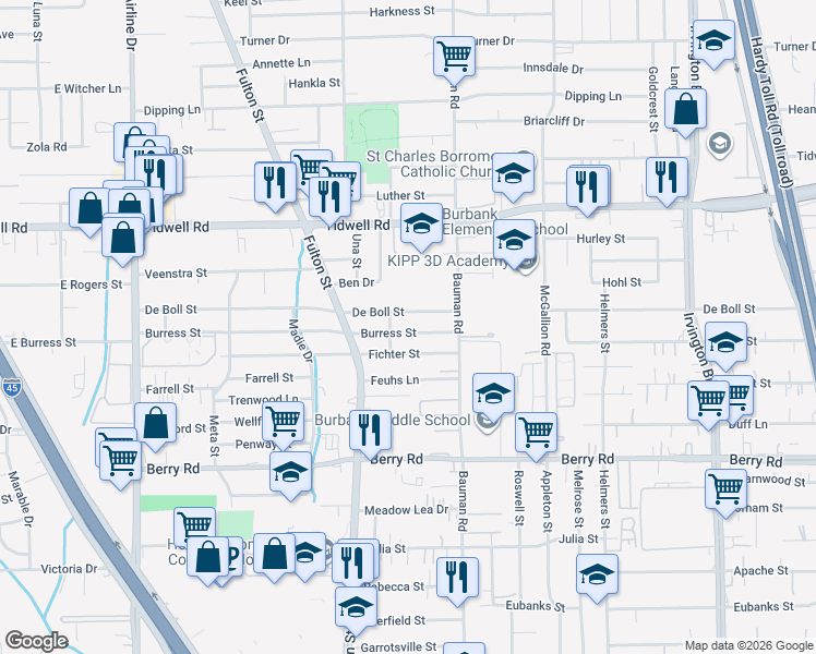 map of restaurants, bars, coffee shops, grocery stores, and more near 234 De Boll Street in Houston