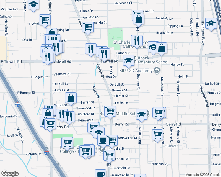 map of restaurants, bars, coffee shops, grocery stores, and more near 9024 Fulton Street in Houston