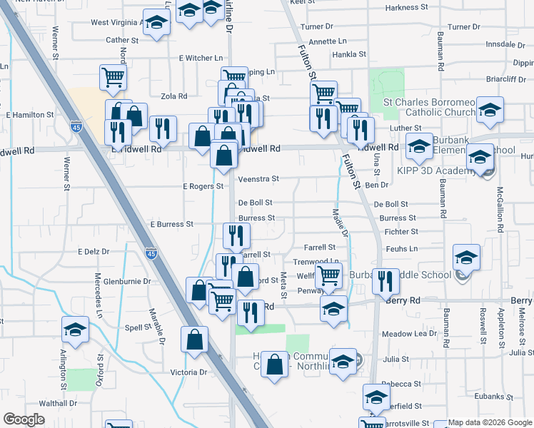 map of restaurants, bars, coffee shops, grocery stores, and more near 24 De Boll Street in Houston