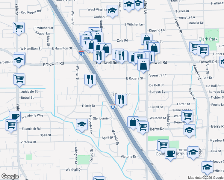 map of restaurants, bars, coffee shops, grocery stores, and more near 701 East Burress Street in Houston