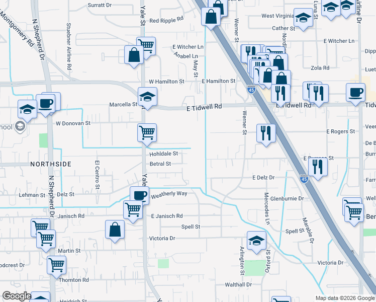 map of restaurants, bars, coffee shops, grocery stores, and more near 205 Leago Street in Houston