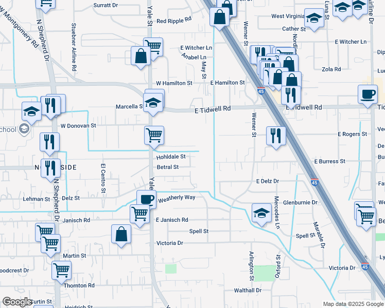 map of restaurants, bars, coffee shops, grocery stores, and more near 202 Leago Street in Houston
