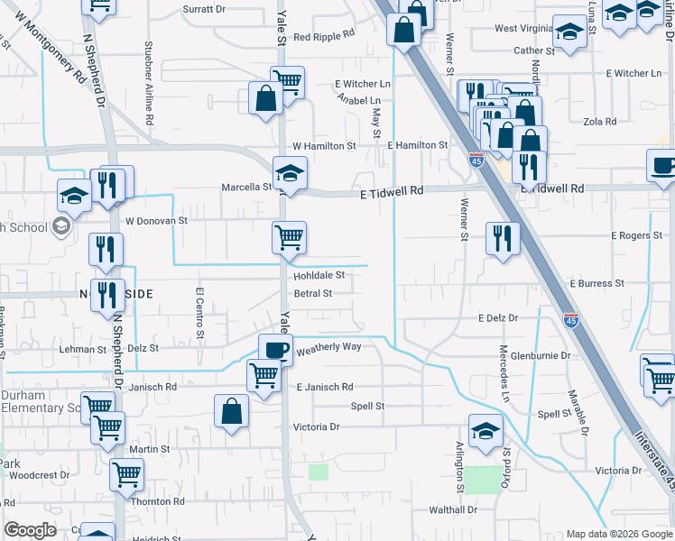 map of restaurants, bars, coffee shops, grocery stores, and more near 202 Leago Street in Houston