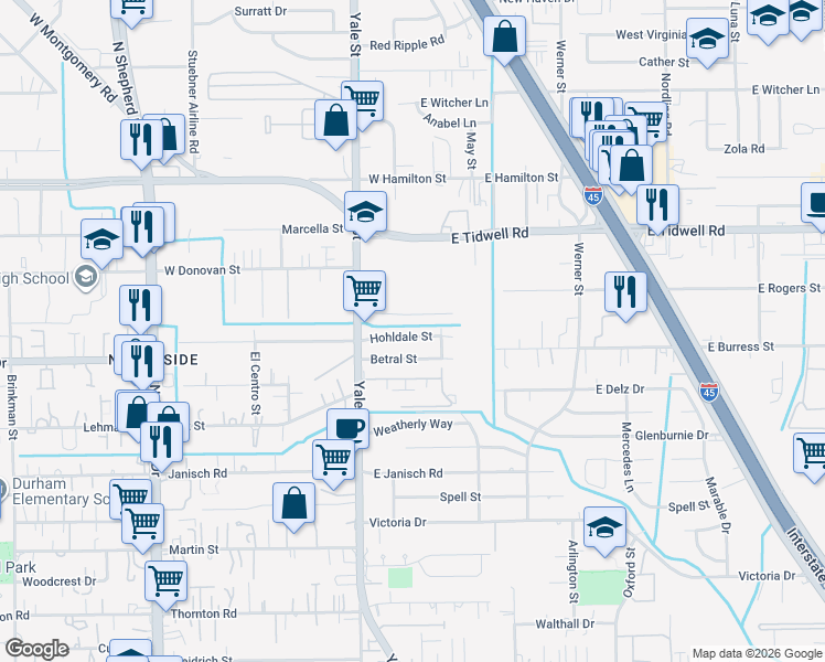 map of restaurants, bars, coffee shops, grocery stores, and more near 204 Leago Street in Houston
