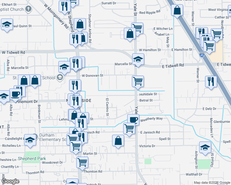 map of restaurants, bars, coffee shops, grocery stores, and more near 5304 Wunder Lane in Houston