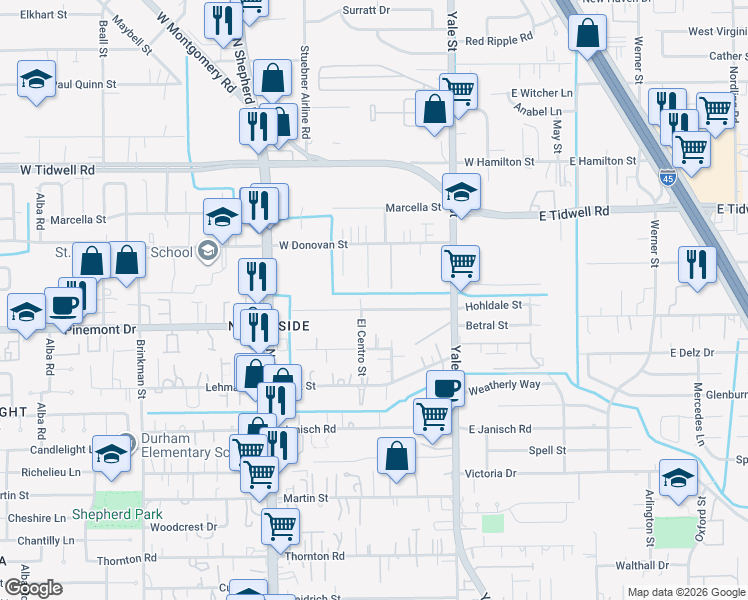 map of restaurants, bars, coffee shops, grocery stores, and more near 5304 Wunder Lane in Houston