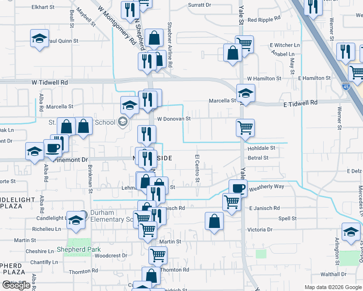 map of restaurants, bars, coffee shops, grocery stores, and more near 512 Hohldale Street in Houston
