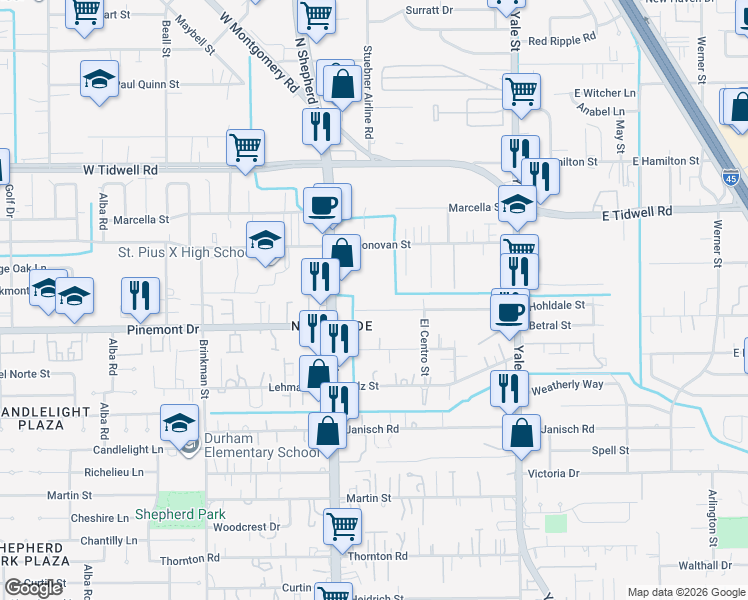 map of restaurants, bars, coffee shops, grocery stores, and more near 512 Hohldale Street in Houston