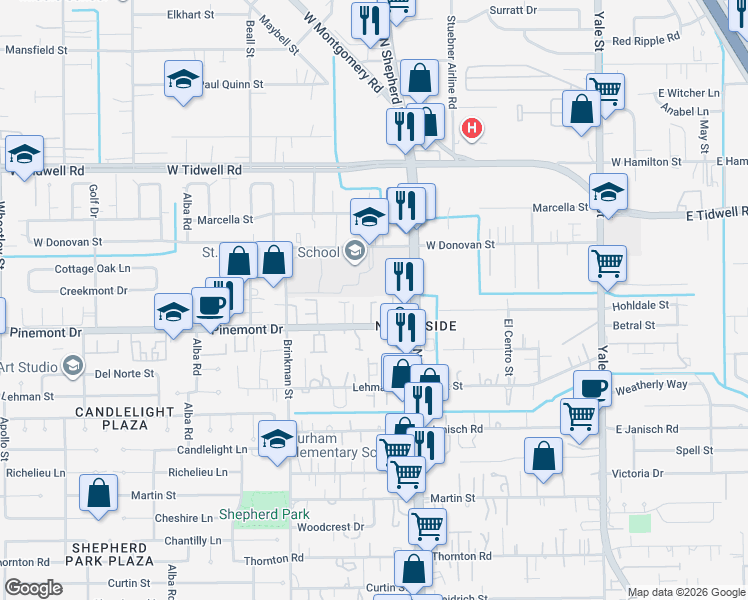 map of restaurants, bars, coffee shops, grocery stores, and more near 712 Pinemont Drive in Houston