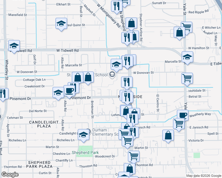 map of restaurants, bars, coffee shops, grocery stores, and more near 720 Pinemont Drive in Houston
