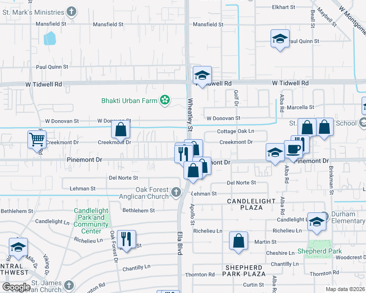 map of restaurants, bars, coffee shops, grocery stores, and more near 3320-3326 Creekmont Drive in Houston