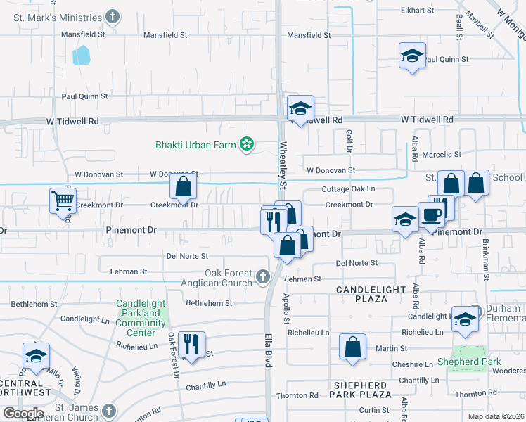 map of restaurants, bars, coffee shops, grocery stores, and more near 3331 Home Point Drive in Houston