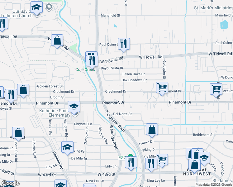 map of restaurants, bars, coffee shops, grocery stores, and more near 4523 Creekmont Drive in Houston