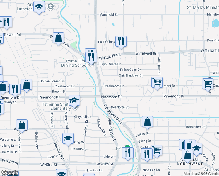 map of restaurants, bars, coffee shops, grocery stores, and more near 4613 Creekmont Drive in Houston