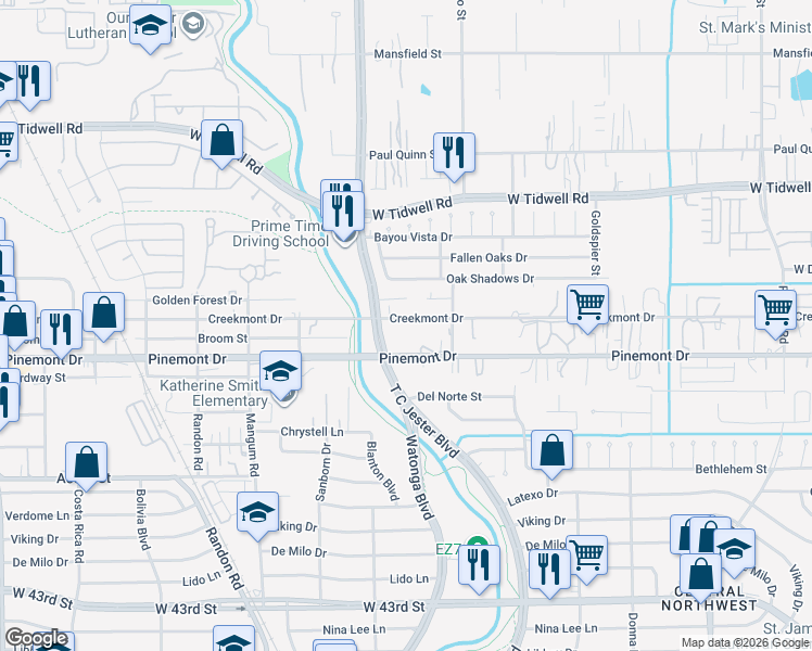 map of restaurants, bars, coffee shops, grocery stores, and more near 4613 Creekmont Drive in Houston