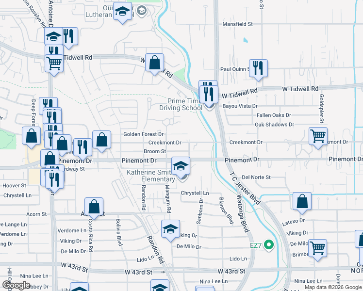 map of restaurants, bars, coffee shops, grocery stores, and more near 4816 Creekmont Drive in Houston