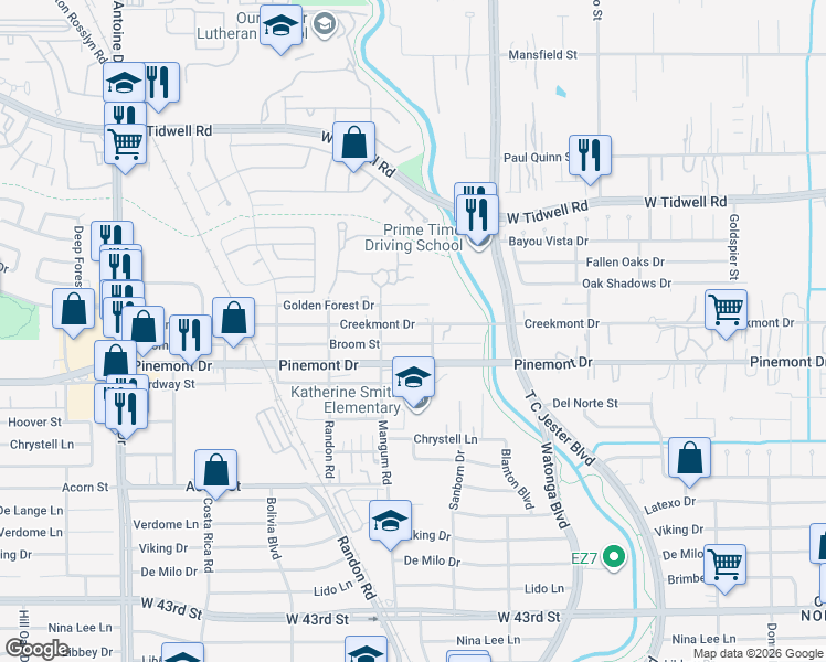 map of restaurants, bars, coffee shops, grocery stores, and more near 4816 Creekmont Drive in Houston