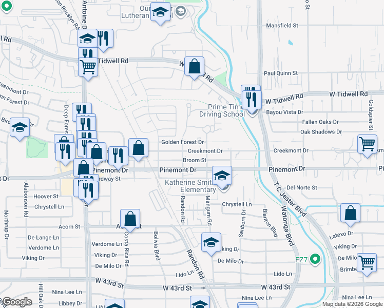 map of restaurants, bars, coffee shops, grocery stores, and more near 4936 Creekmont Drive in Houston