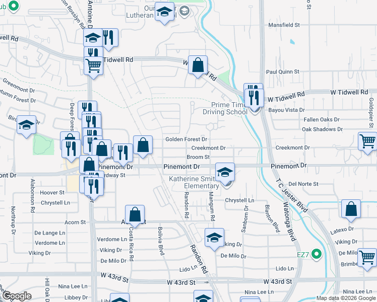 map of restaurants, bars, coffee shops, grocery stores, and more near 4936 Creekmont Drive in Houston