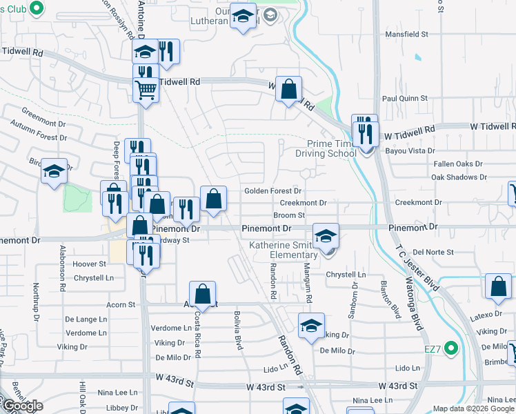 map of restaurants, bars, coffee shops, grocery stores, and more near 5020 Creekmont Drive in Houston