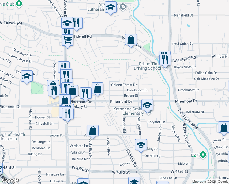 map of restaurants, bars, coffee shops, grocery stores, and more near 5020 Creekmont Drive in Houston