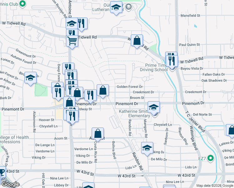map of restaurants, bars, coffee shops, grocery stores, and more near 5108 Creekmont Drive in Houston
