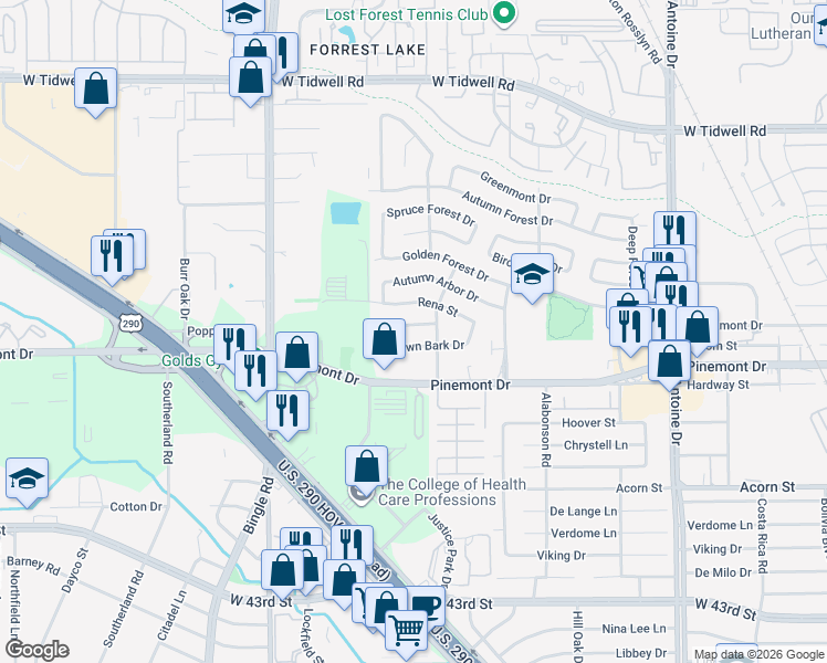 map of restaurants, bars, coffee shops, grocery stores, and more near 6234 Leaf Arbor Drive in Houston