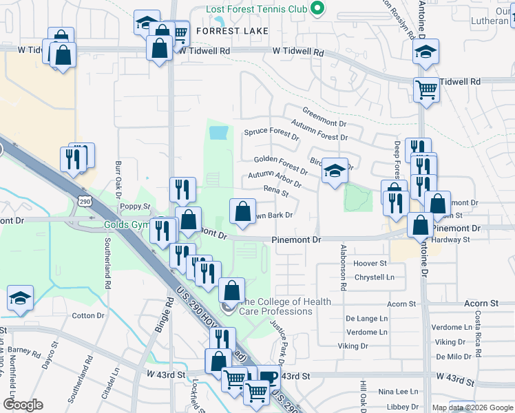 map of restaurants, bars, coffee shops, grocery stores, and more near 6234 Leaf Arbor Drive in Houston