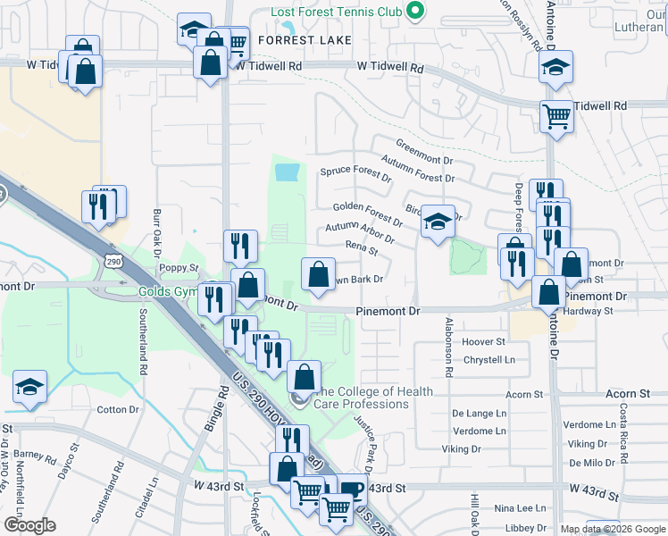 map of restaurants, bars, coffee shops, grocery stores, and more near 6234 Leaf Arbor Drive in Houston