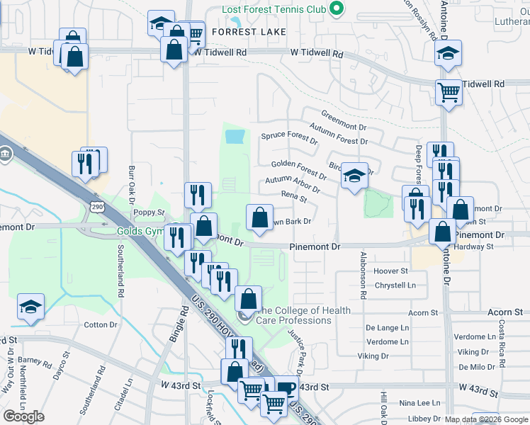 map of restaurants, bars, coffee shops, grocery stores, and more near 6234 Leaf Arbor Drive in Houston