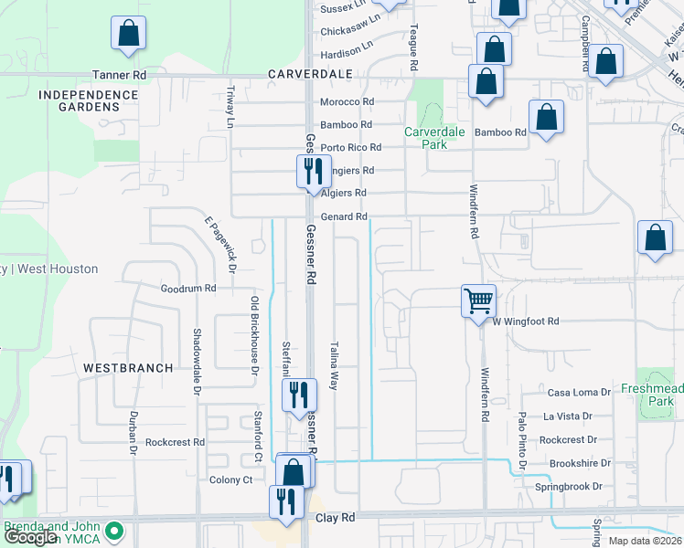 map of restaurants, bars, coffee shops, grocery stores, and more near 4921 Talina Way in Houston