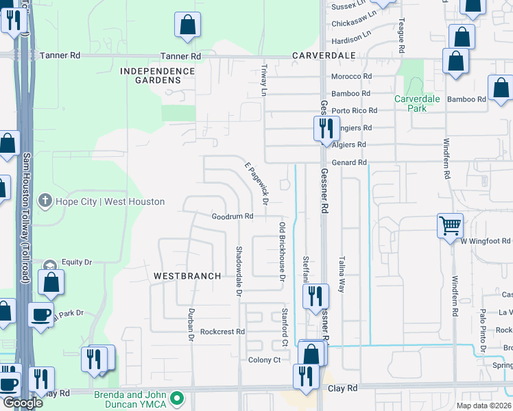 map of restaurants, bars, coffee shops, grocery stores, and more near 5026 Shadowdale Drive in Houston