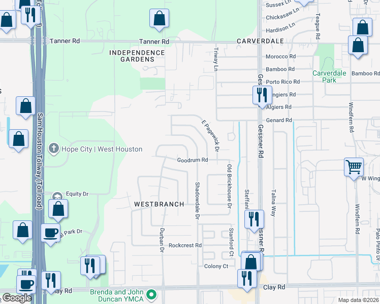 map of restaurants, bars, coffee shops, grocery stores, and more near 10403 North Newpark Drive in Houston