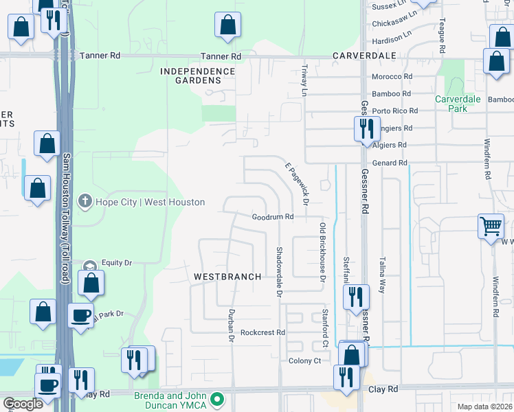 map of restaurants, bars, coffee shops, grocery stores, and more near 10403 North Newpark Drive in Houston