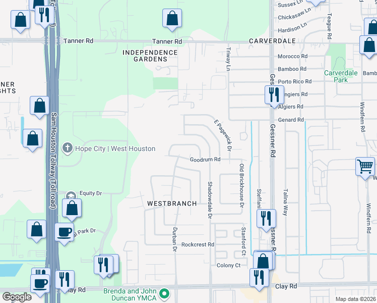 map of restaurants, bars, coffee shops, grocery stores, and more near 10403 North Newpark Drive in Houston