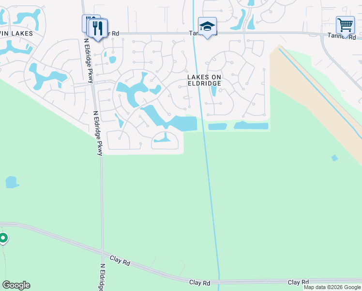 map of restaurants, bars, coffee shops, grocery stores, and more near 12612 Waterside Way in Houston