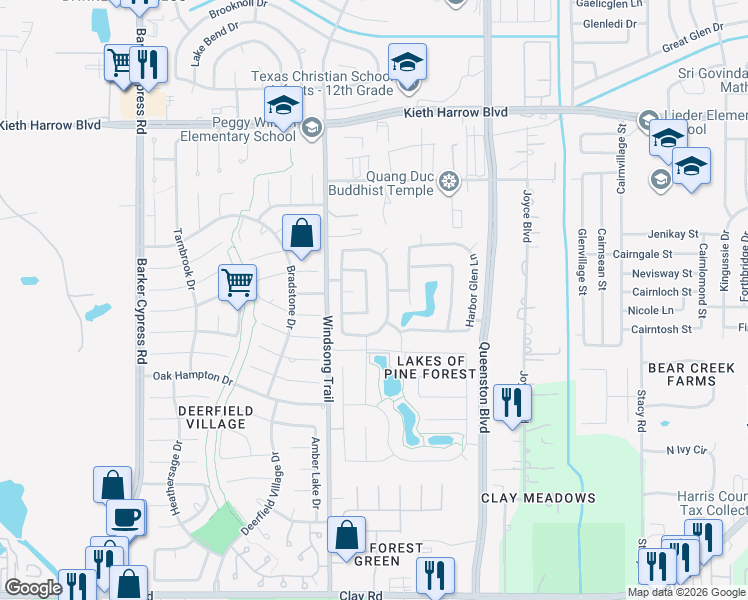 map of restaurants, bars, coffee shops, grocery stores, and more near 4931 Ivory Meadows Lane in Houston