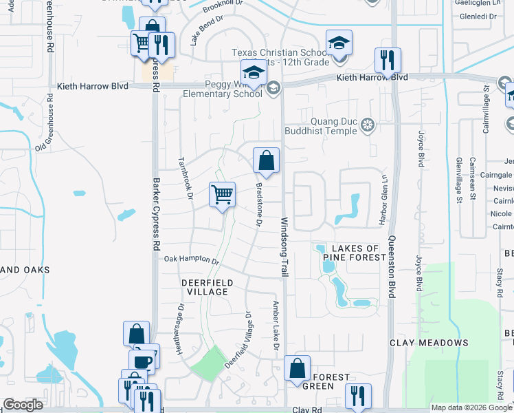 map of restaurants, bars, coffee shops, grocery stores, and more near 18118 Ravenfield Court in Houston