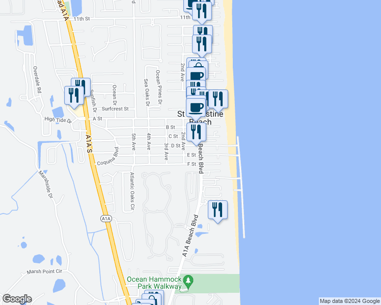 map of restaurants, bars, coffee shops, grocery stores, and more near 108 E Street in St. Augustine