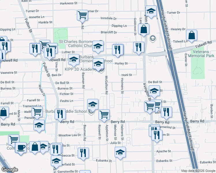 map of restaurants, bars, coffee shops, grocery stores, and more near 9042 McGallion Road in Houston